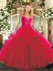 Romantic Red Scoop Neckline Lace and Ruffles Quinceanera Dress Long Sleeves Lace Up