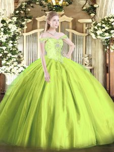 Sleeveless Tulle Floor Length Lace Up Quince Ball Gowns in Yellow Green with Beading