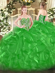 Green Sweet 16 Quinceanera Dress Military Ball and Sweet 16 and Quinceanera with Beading and Ruffles Sweetheart Sleeveless Lace Up