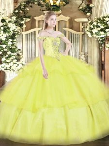 Super Yellow Organza Lace Up Off The Shoulder Sleeveless Floor Length Quinceanera Gowns Beading and Ruffled Layers