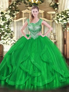 Green Sleeveless Beading and Ruffles Floor Length Quinceanera Dresses