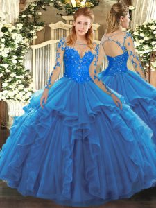 Sumptuous Blue Ball Gowns Tulle Scoop Long Sleeves Lace and Ruffles Floor Length Lace Up Quinceanera Gowns