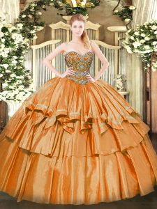 Orange Ball Gowns Sweetheart Sleeveless Organza Floor Length Lace Up Beading and Ruffled Layers 15 Quinceanera Dress