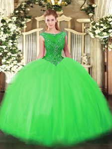 Deluxe Green Ball Gowns Tulle Scoop Sleeveless Beading Floor Length Zipper Quinceanera Gowns