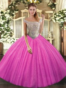 Sumptuous Hot Pink Ball Gowns Tulle Off The Shoulder Sleeveless Beading Lace Up 15 Quinceanera Dress
