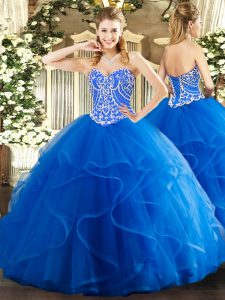 Captivating Blue Sleeveless Tulle Lace Up Quinceanera Dress for Military Ball and Sweet 16 and Quinceanera