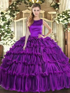 Scoop Sleeveless Lace Up Quinceanera Gown Eggplant Purple Organza