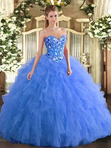 High End Floor Length Blue Quinceanera Gowns Tulle Sleeveless Embroidery and Ruffles