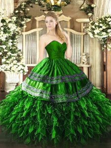 Green Zipper Sweetheart Embroidery and Ruffles Quinceanera Dresses Organza and Taffeta Sleeveless