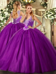 On Sale Purple Ball Gowns Beading 15 Quinceanera Dress Lace Up Tulle Sleeveless Floor Length