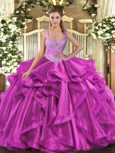 Most Popular Fuchsia Sleeveless Organza Lace Up 15th Birthday Dress for Military Ball and Sweet 16 and Quinceanera