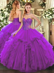 Beauteous Floor Length Lace Up Quinceanera Dress Eggplant Purple for Military Ball and Sweet 16 and Quinceanera with Beading and Ruffles