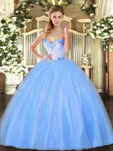 Baby Blue Tulle Lace Up Sweet 16 Quinceanera Dress Sleeveless Floor Length Beading