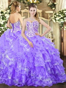 Sleeveless Organza Floor Length Lace Up Sweet 16 Dresses in Lavender with Beading and Ruffled Layers