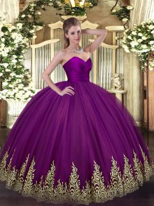 Hot Sale Purple Ball Gowns Appliques Quinceanera Gowns Zipper Tulle Sleeveless Floor Length