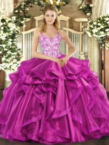 Top Selling Sleeveless Organza Floor Length Lace Up Sweet 16 Dresses in Fuchsia with Beading and Appliques and Ruffles