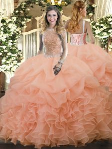 Simple Peach Sleeveless Floor Length Beading and Ruffles and Pick Ups Lace Up Quinceanera Dresses