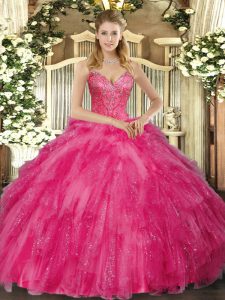 Fantastic Beading and Ruffles Sweet 16 Quinceanera Dress Hot Pink Lace Up Sleeveless Floor Length
