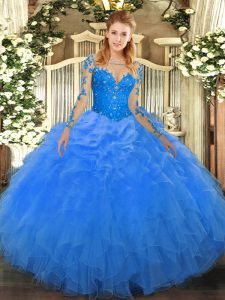 Dynamic Scoop Long Sleeves Lace Up Sweet 16 Dress Blue Organza