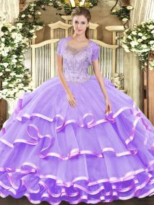 Sleeveless Floor Length Beading and Ruffled Layers Lace Up 15th Birthday Dress with Lavender