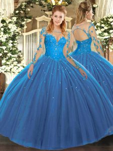 Teal Tulle Lace Up Scoop Long Sleeves Floor Length 15th Birthday Dress Lace