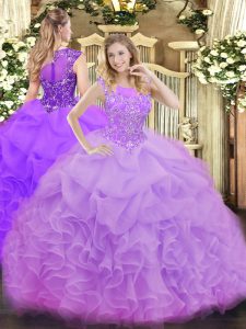 Popular Sleeveless Floor Length Beading and Ruffles and Pick Ups Zipper Sweet 16 Quinceanera Dress with Lavender