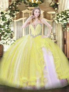 Sumptuous Floor Length Yellow Ball Gown Prom Dress Tulle Sleeveless Beading and Ruffles