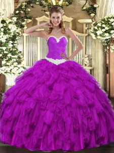 Sexy Purple Sweetheart Neckline Appliques and Ruffles Ball Gown Prom Dress Sleeveless Lace Up