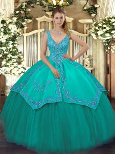 Designer V-neck Sleeveless Sweet 16 Quinceanera Dress Floor Length Beading and Embroidery Turquoise Taffeta and Tulle