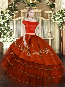 Enchanting Rust Red Two Pieces Embroidery and Ruffled Layers Quinceanera Gowns Zipper Organza and Taffeta Short Sleeves Floor Length