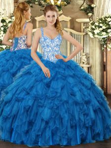 Classical Straps Sleeveless Quinceanera Gowns Floor Length Beading and Ruffles Blue Organza