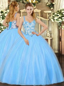 Baby Blue Straps Neckline Beading and Appliques 15 Quinceanera Dress Sleeveless Lace Up