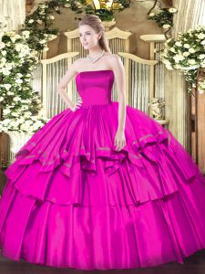 Fuchsia Ball Gown Prom Dress Military Ball and Sweet 16 and Quinceanera with Ruffled Layers Strapless Sleeveless Zipper
