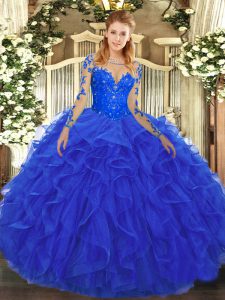 Fine Royal Blue Scoop Lace Up Lace and Ruffles Sweet 16 Quinceanera Dress Long Sleeves