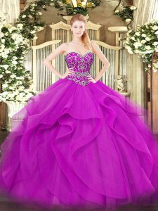 Eye-catching Ball Gowns Ball Gown Prom Dress Fuchsia Sweetheart Tulle Sleeveless Floor Length Lace Up