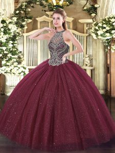 Low Price Burgundy Sleeveless Tulle Lace Up Quinceanera Dress for Military Ball and Sweet 16 and Quinceanera