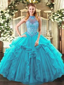 Teal Sweet 16 Dresses Sweet 16 and Quinceanera with Beading and Ruffles Halter Top Sleeveless Lace Up