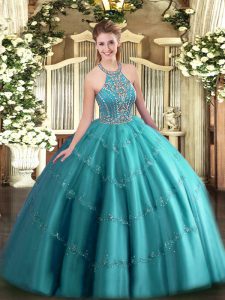 Fantastic Floor Length Lace Up Quinceanera Dresses Teal for Military Ball and Sweet 16 and Quinceanera with Beading and Appliques