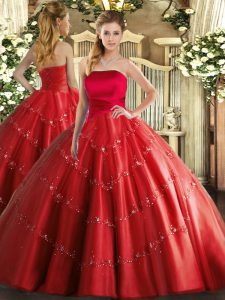Glamorous Strapless Sleeveless Tulle Vestidos de Quinceanera Appliques Lace Up
