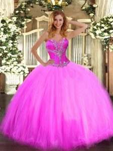 Edgy Fuchsia Ball Gowns Sweetheart Sleeveless Tulle Floor Length Lace Up Beading Quince Ball Gowns