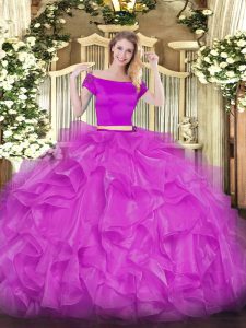 Excellent Fuchsia Quinceanera Gowns Military Ball and Sweet 16 and Quinceanera with Appliques and Ruffles Off The Shoulder Short Sleeves Zipper