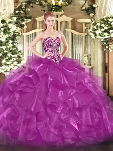 Fashion Fuchsia Ball Gowns Sweetheart Sleeveless Organza Floor Length Lace Up Beading and Ruffles Sweet 16 Dresses