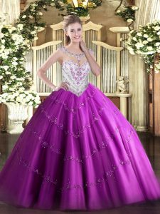 Ball Gowns Quinceanera Dress Fuchsia Scoop Tulle Sleeveless Floor Length Zipper