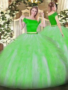Free and Easy Green Two Pieces Tulle Off The Shoulder Short Sleeves Appliques and Ruffles Floor Length Zipper Ball Gown Prom Dress