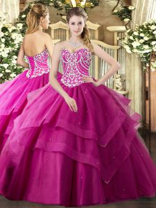 Fantastic Fuchsia Tulle Lace Up Quinceanera Dresses Sleeveless Floor Length Beading and Ruffled Layers
