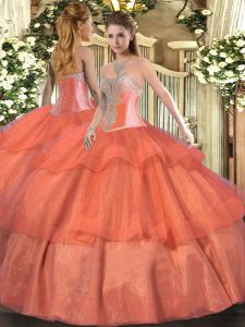 Coral Red 15 Quinceanera Dress Military Ball and Sweet 16 and Quinceanera with Beading and Ruffled Layers Sweetheart Sleeveless Lace Up