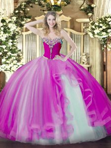 Popular Fuchsia Sleeveless Floor Length Beading and Ruffles Lace Up Quinceanera Gowns