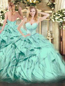 Turquoise Lace Up Quince Ball Gowns Beading and Ruffles Sleeveless Floor Length