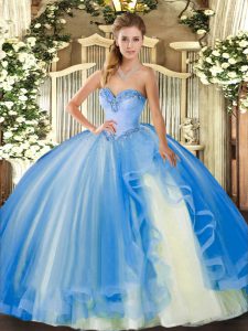 Hot Selling Baby Blue 15th Birthday Dress Military Ball and Sweet 16 and Quinceanera with Beading and Ruffles Sweetheart Sleeveless Lace Up