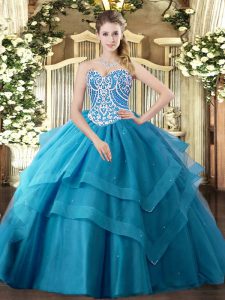 Exceptional Teal Ball Gowns Beading and Ruffled Layers 15th Birthday Dress Lace Up Tulle Sleeveless Floor Length